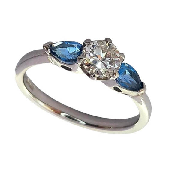 Pre-owned Platinum Diamond & Aquamarine Trilogy Ring