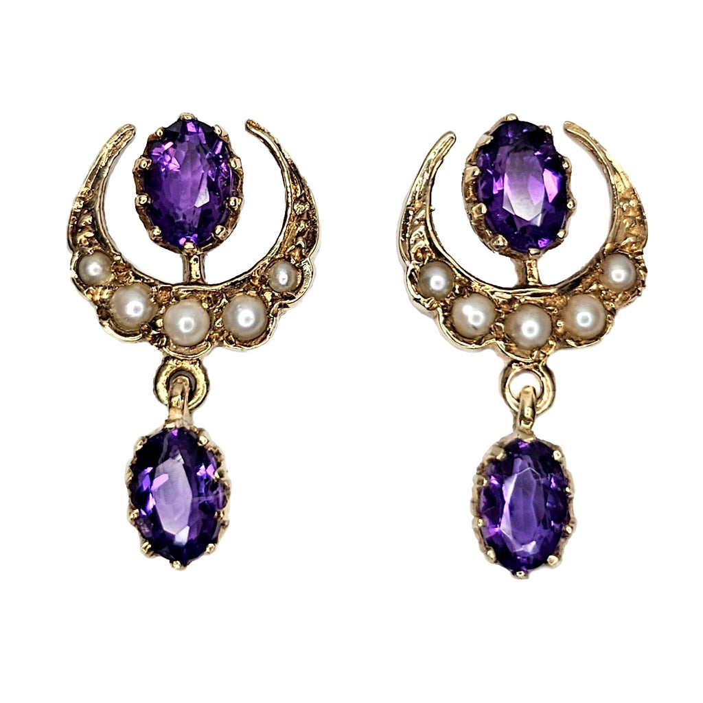 Vintage 9ct Gold Amethyst & Seed Pearl Drops