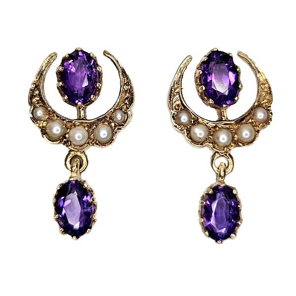 Vintage 9ct Gold Amethyst & Seed Pearl Drops