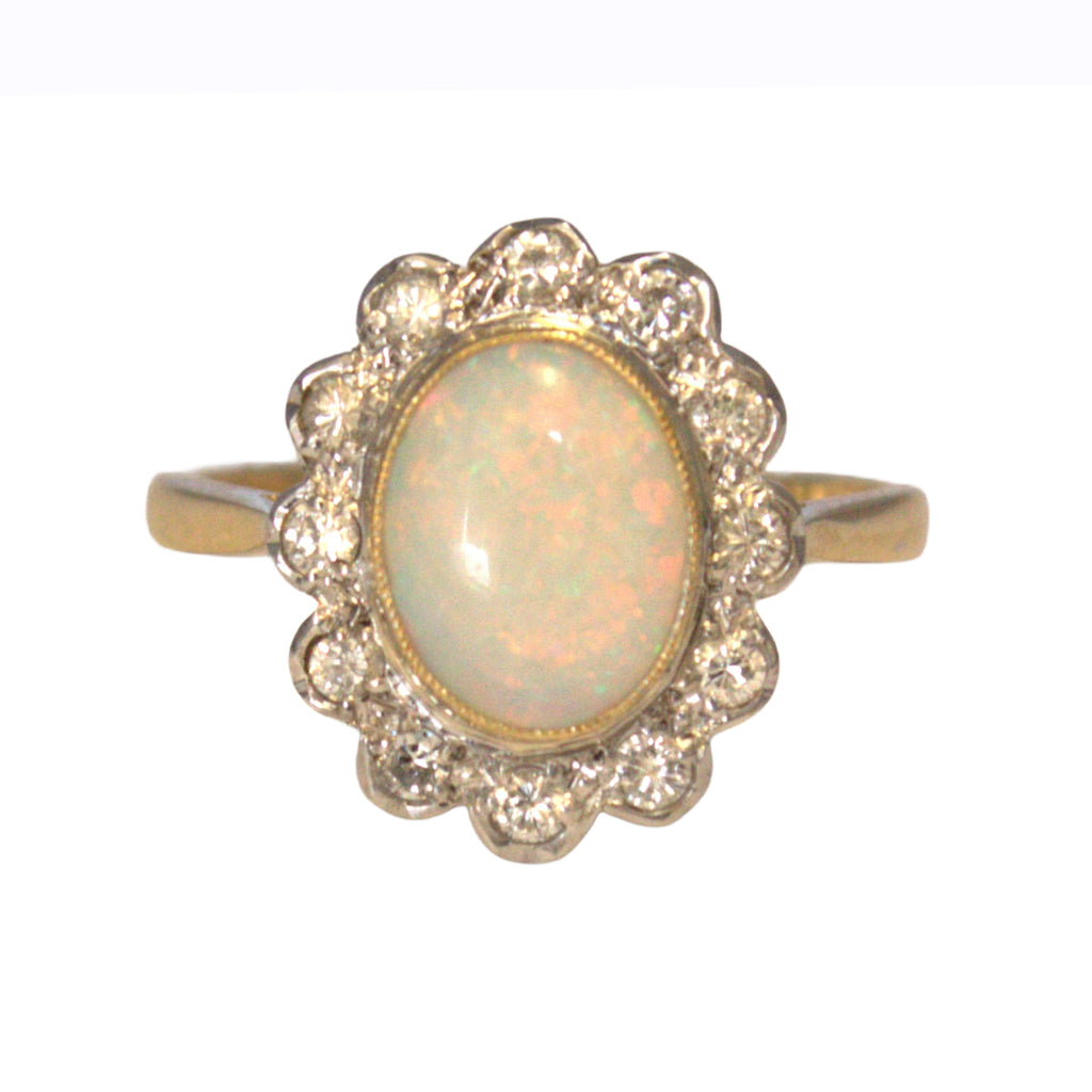 Vintage 18ct Gold Opal & Diamond Cluster Ring