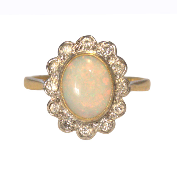 Vintage 18ct Gold Opal & Diamond Cluster Ring