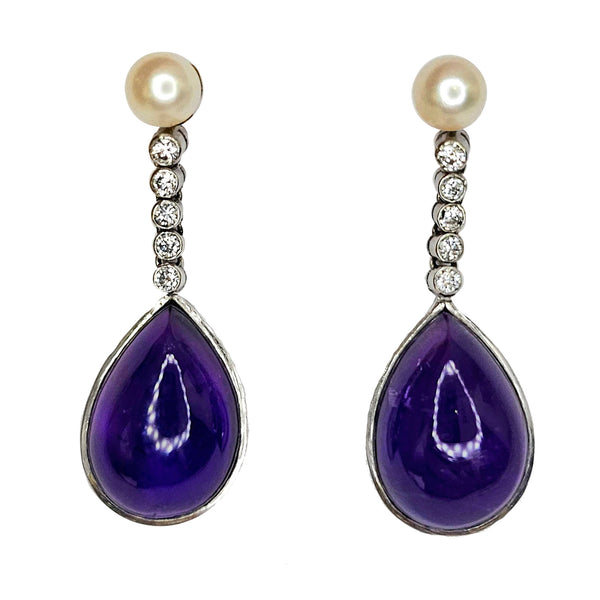 Vintage Amethyst, Diamond & Pearl Drop Earrings