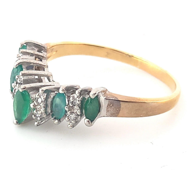 Pre-owned 9ct Gold Emerald & Diamond Wishbone Ring